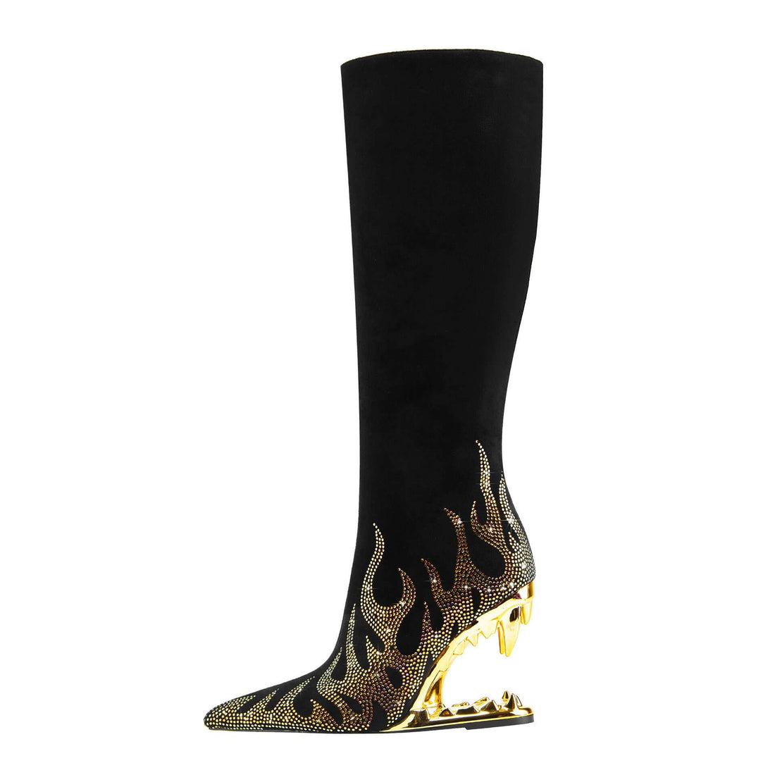 European And American Style Tiger Tooth Profiled Heel Skinny Stretch Boots Rhinestone Flame