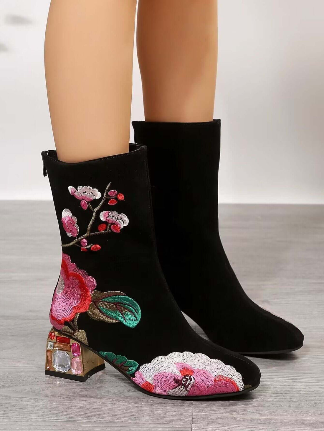 Flower Mid-calf Vintage Embroidery Autumn And Winter Women's Boots