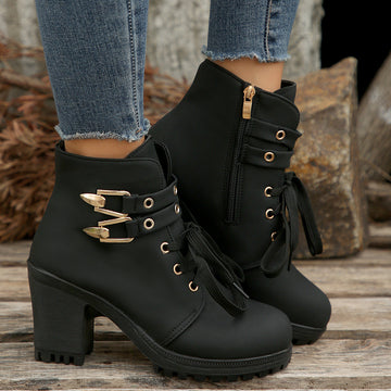 Autumn Round Head Chunky Heel High Heel Leisure Platform Lace Up Booties