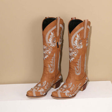 Embroidered Western Denim Retro Women's Knee-length Boots