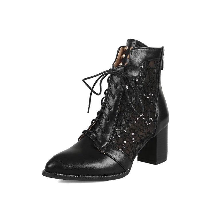 Lace Hollow-out Spliced Chunky Heel Lace-up Women's Ankle Boots