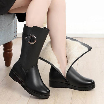 Winter Flat Non-slip Leather Shoes Fleece-lined Thermal Middle Tube Cotton Boots