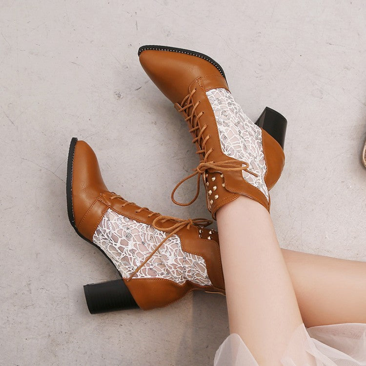 Lace Hollow-out Spliced Chunky Heel Lace-up Women's Ankle Boots