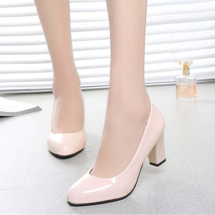 Women's Nude Color Chunky Heel Pointed High Heels