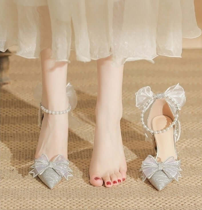 Bow Beaded Pointed Low-cut High Heels