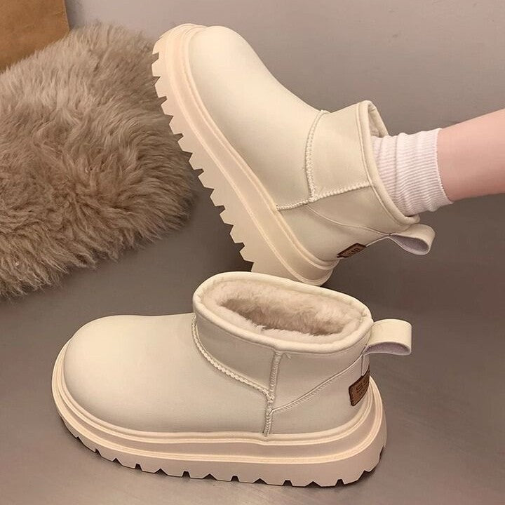 Fleece-lined Thick Leather Waterproof New Bread Snow Boots For Women